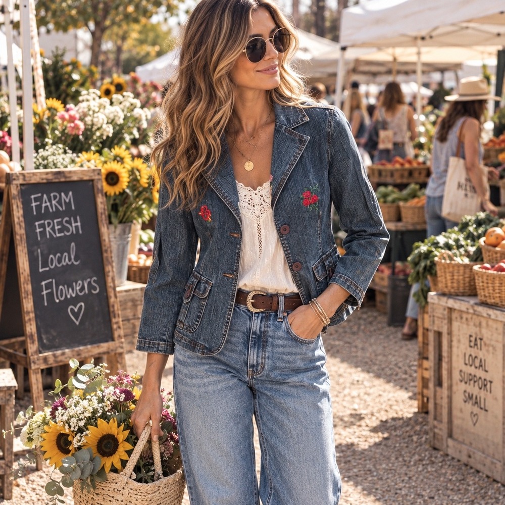 Y2K AC 3998 Denim Blazer Jacket Small Embroidered Floral Butterfly Cottagecore